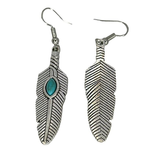 Feather Design Dangle Earrings With Turquoise Stone Inlay Silver Tone Hook - Picture 3 of 4